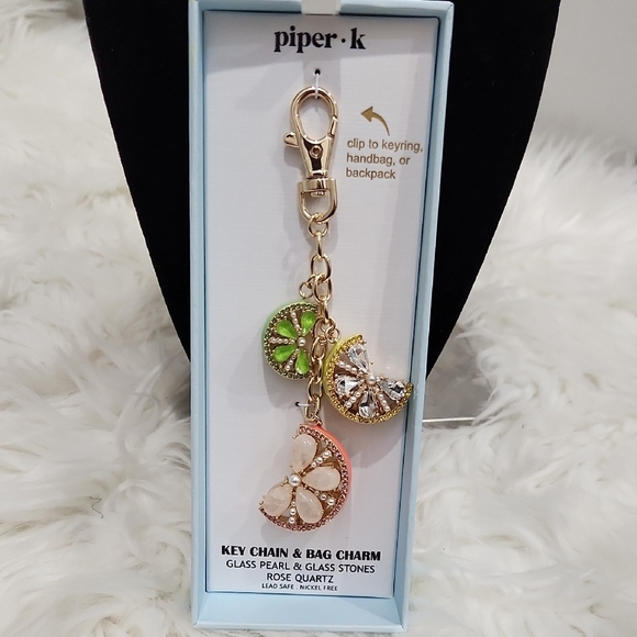 🔹Piper K🔹️ Rose Quartz  Lime Lemon Key Chain & Bag Charm Glass Pearl  Stones - Picture 2 of 6